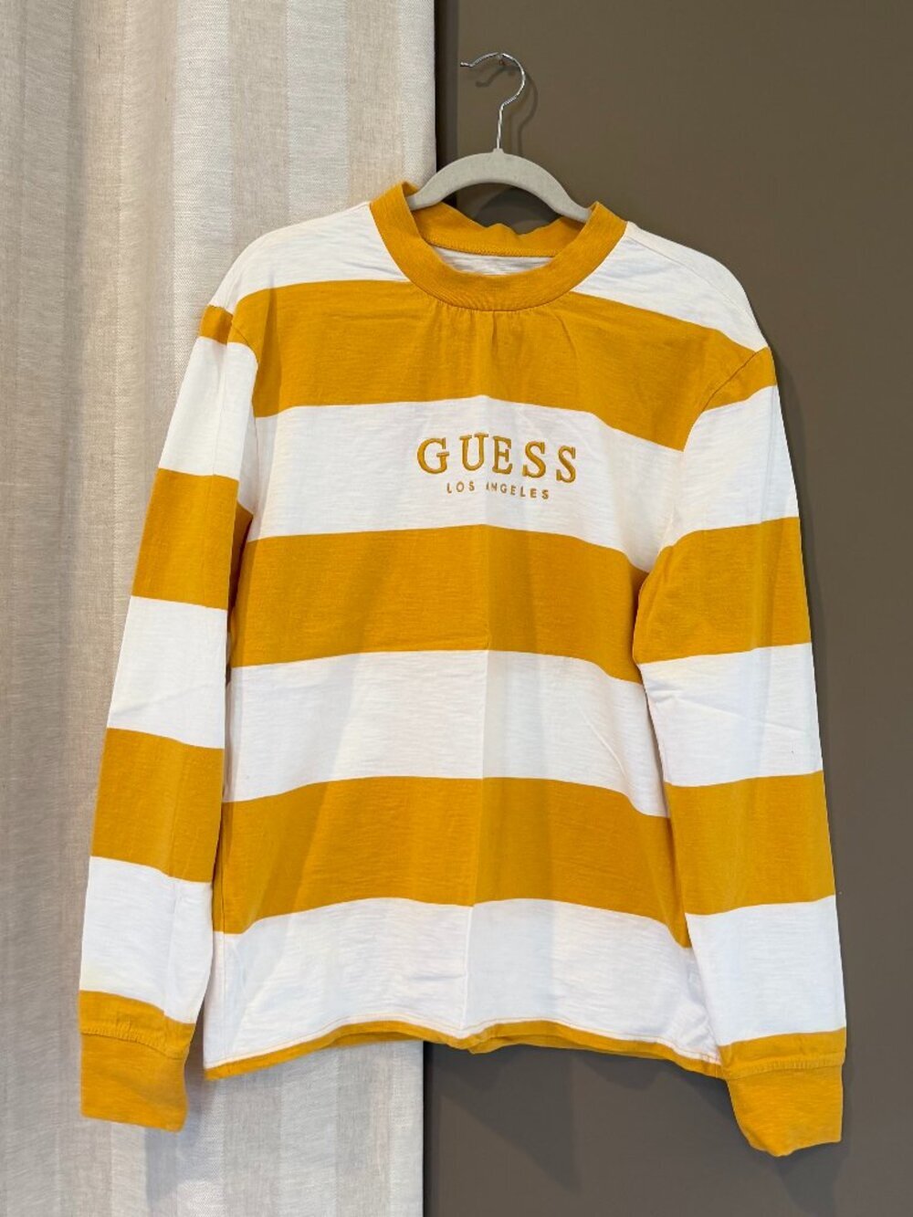 Guess Los Angeles Yellow White Striped 90s Long Sleeve Shirt, Size Medium